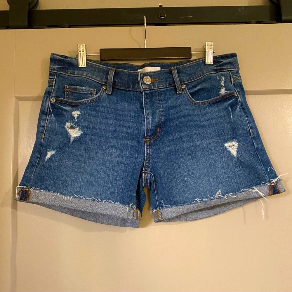 LOFT High Rise Distressed Denim Shorts, Size 27